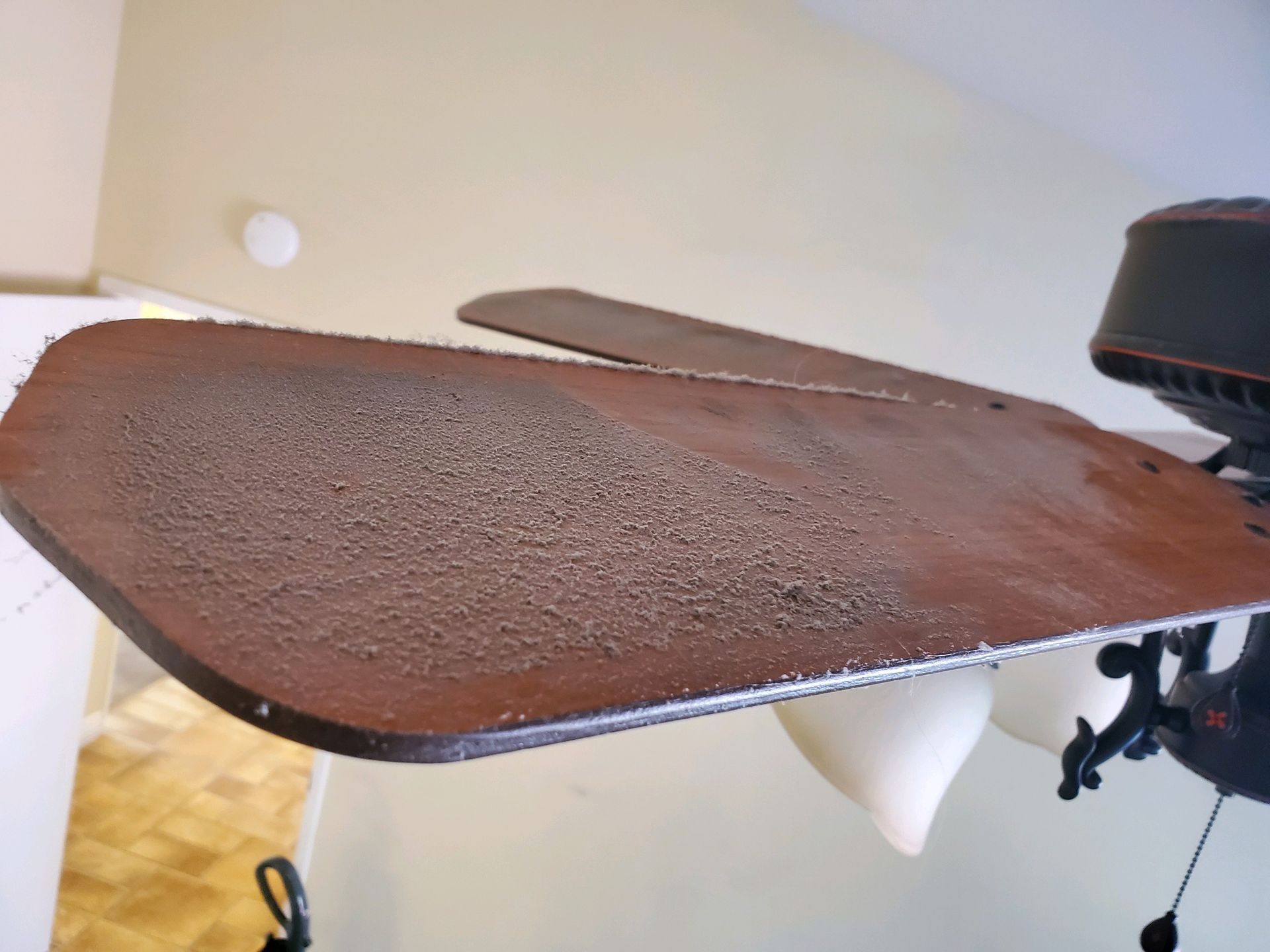 Dust-covered brown ceiling fan blades in a room, with a light fixture below.