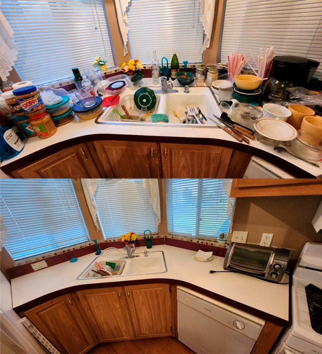 Before and after photos of a kitchen sink area. Top: cluttered with dishes and food. Bottom: clean countertops and appliances.