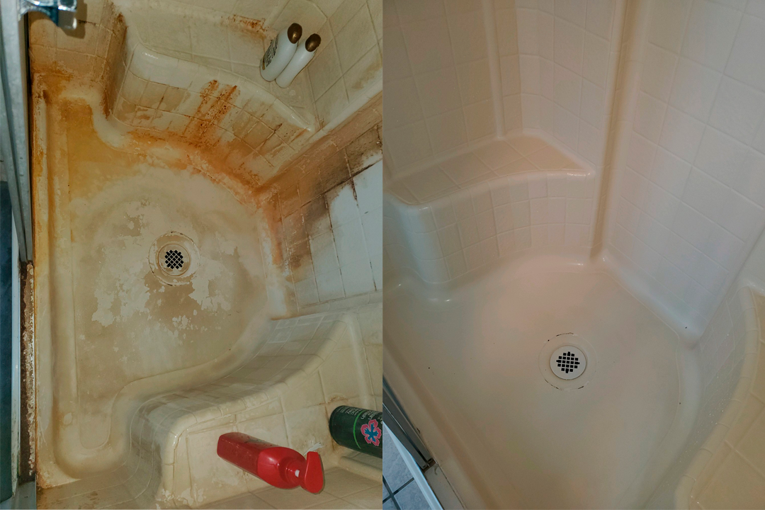 Before and after shots of a shower stall. The before shows significant discoloration, the after is clean.