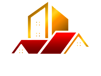 Real estate logo: Gold and red stylized buildings on white background.