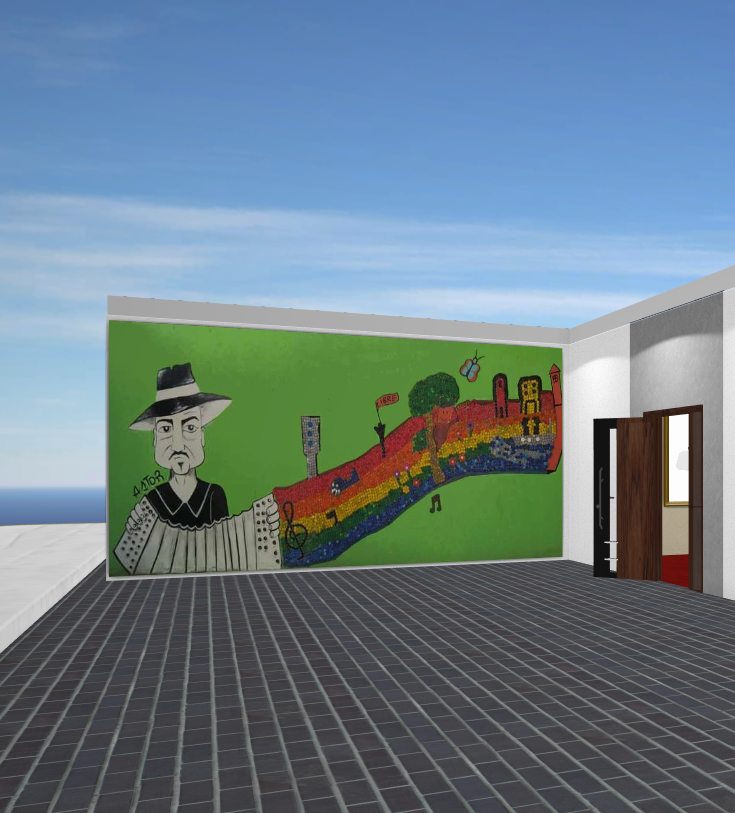 Un mural en una pared verde muestra a un hombre con sombrero tocando un acordeón