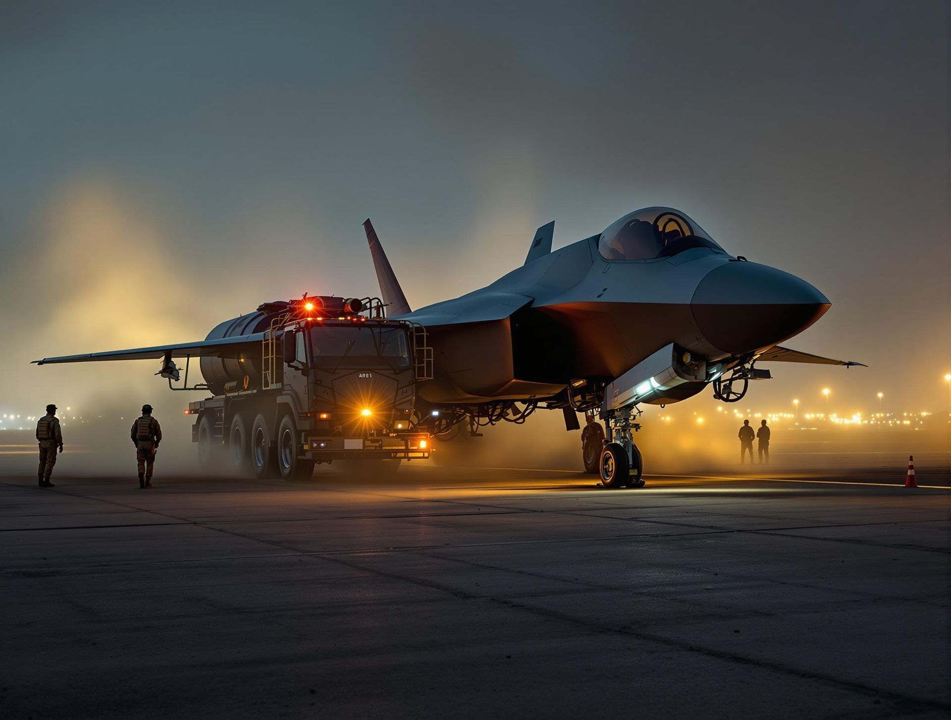 A fighter jet is being towed by a truck on a runway at night