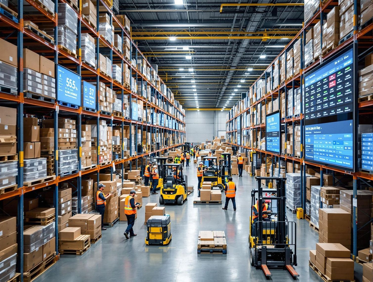 A large warehouse filled with lots of boxes and forklifts.