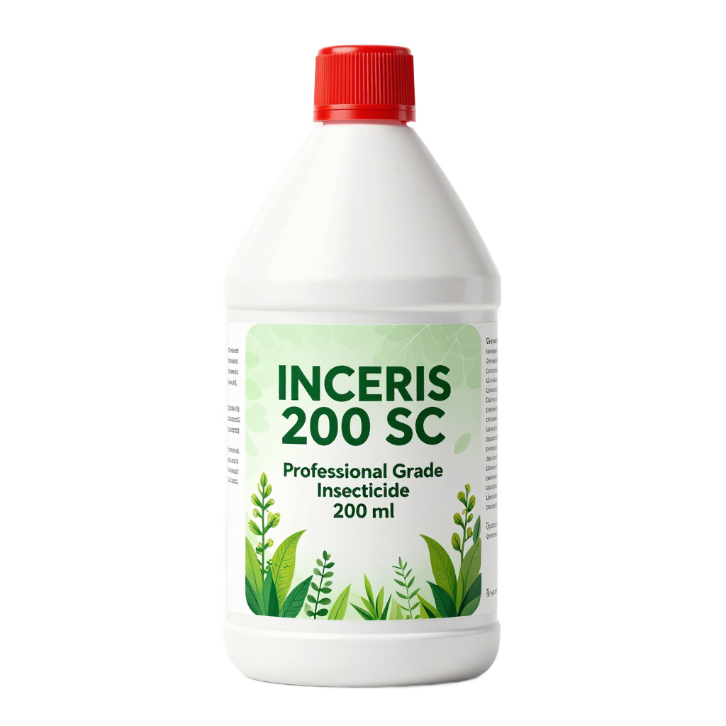 Botella blanca de insecticida de grado profesional INCERIS 200 SC con tapa roja y etiqueta verde.