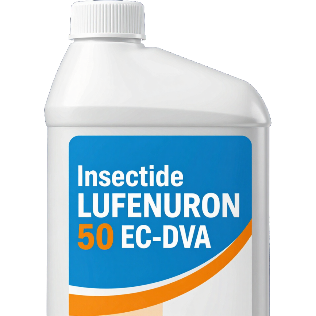 Botella blanca de insecticida con la etiqueta “LUFENURON 50 EC-DVA” y una etiqueta azul y naranja.