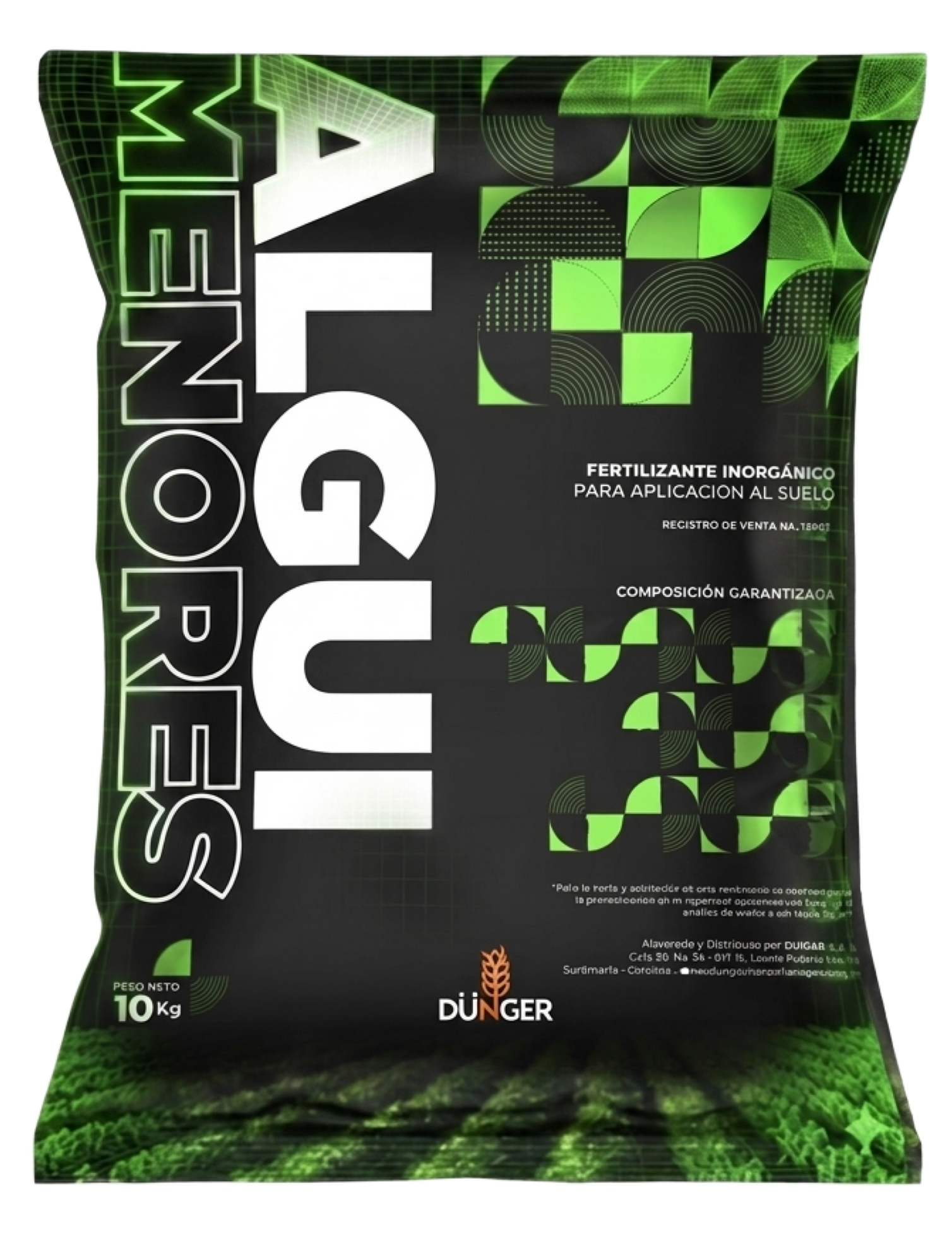 Bolsa negra y verde con la etiqueta “ALGUI MENORES”, diseño geométrico y marca de 10 kg.