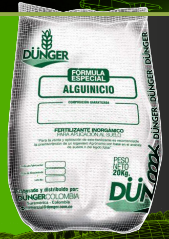Saco blanco y verde de fertilizante Dunger “Fórmula Especial Aluminio”, 20 kg.