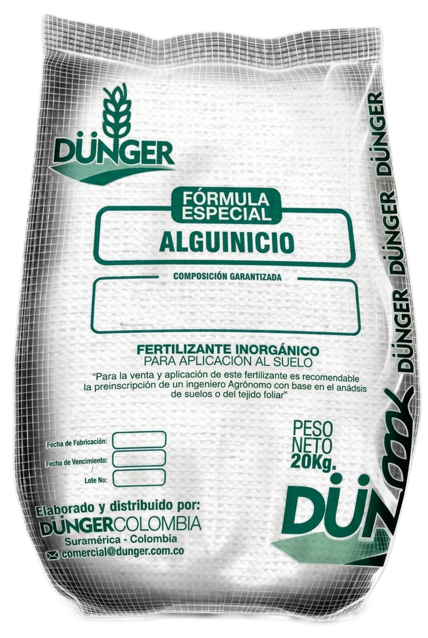 Saco blanco y verde de fertilizante Dunger “Fórmula Especial Aluminio”, 20 kg.