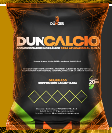 Saco de fertilizante DUNCALCIO negro y naranja, de DÜNGER, para aplicación al suelo.