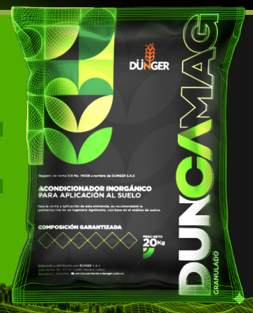 Etiqueta de paquete de acondicionador de suelo orgánico Dunger DUNCAMAG en negro y verde con gráficos de hojas grandes