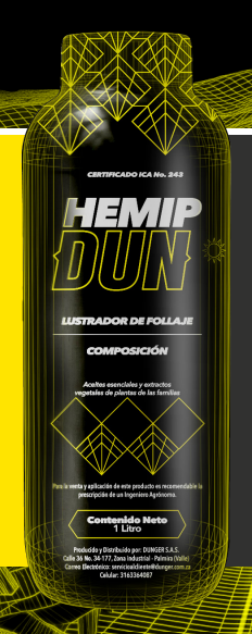 Botella de fertilizante HEMIPDUN negra y amarilla sobre fondo oscuro, con detalles geométricos en el contorno.