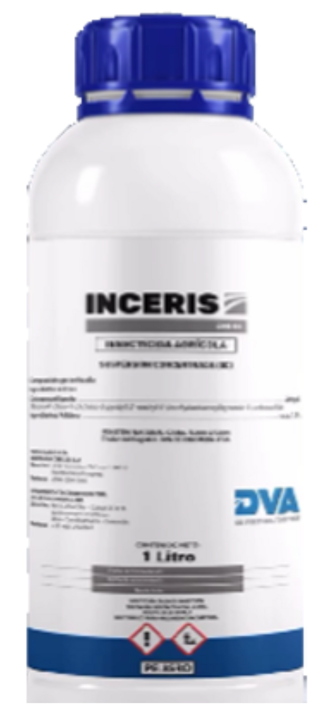 Botella blanca con tapón azul etiquetada como detergente para ropa INCERIS DVA, 1 litro