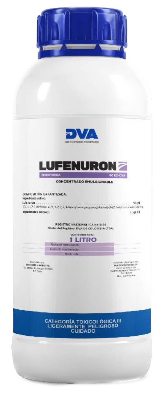 Frasco blanco de DVA Lufenuron 2 con tapón y etiqueta azules, aislado sobre fondo blanco.