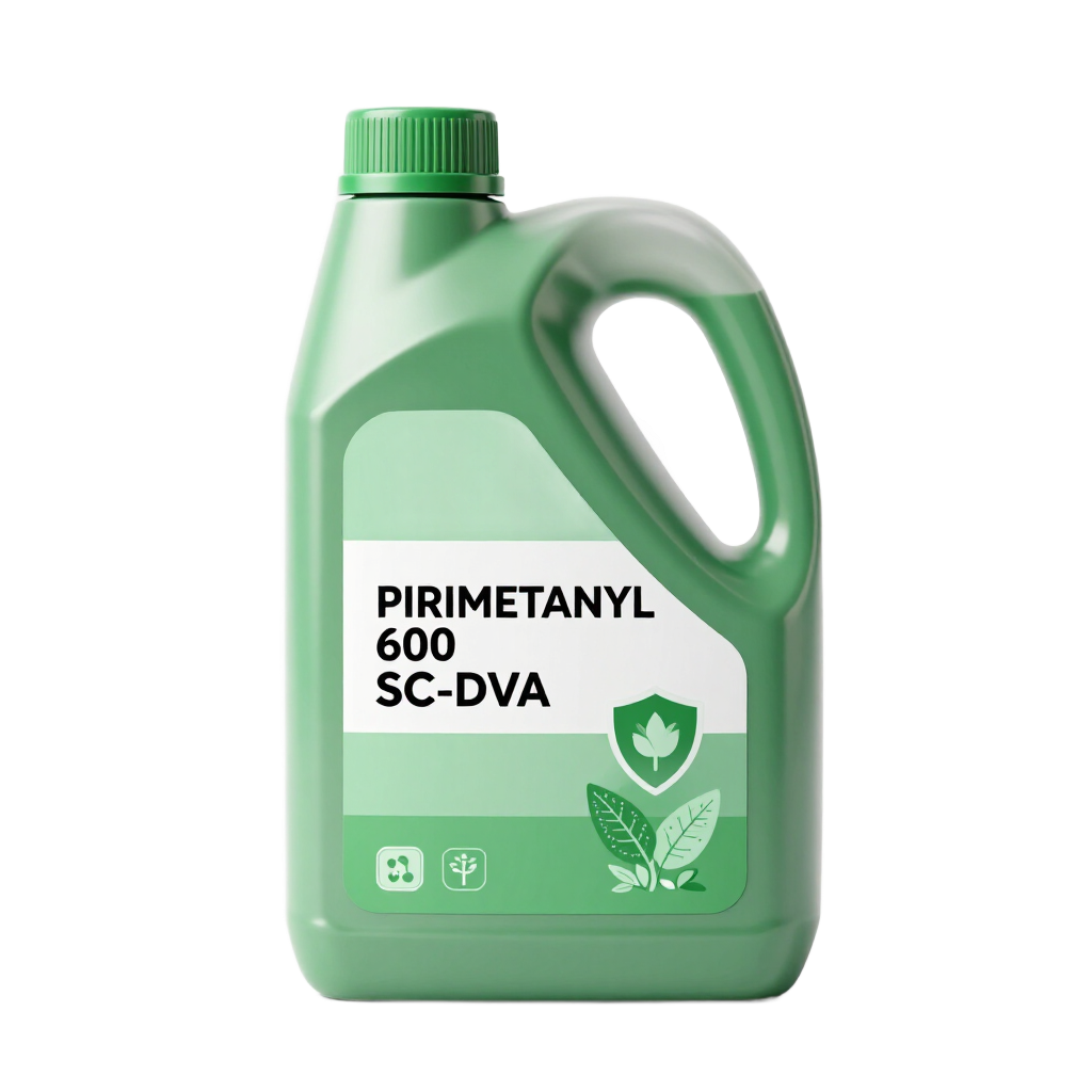 Botella verde con la etiqueta “PIRIMETANYL 600 SC-DVA”, con asa y tapón.