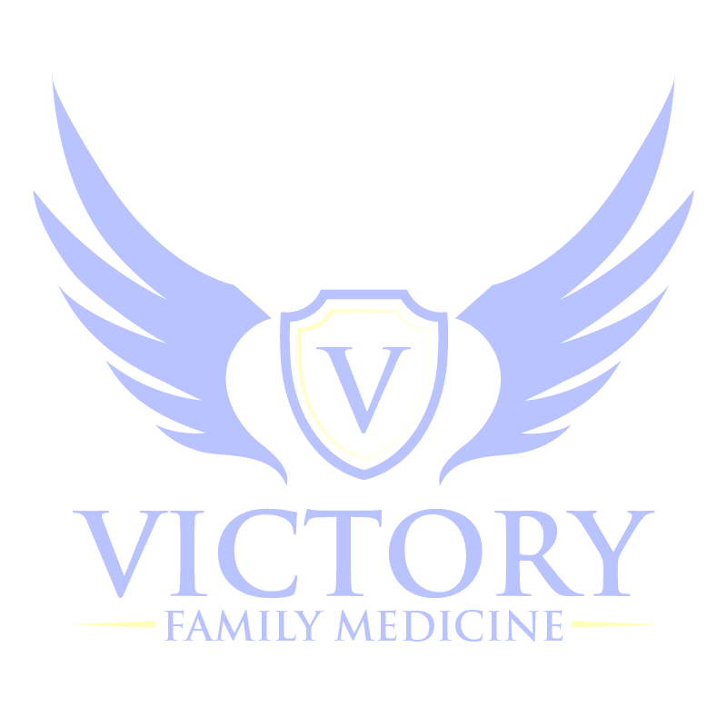 A logo for victory family medicine with a shield and wings