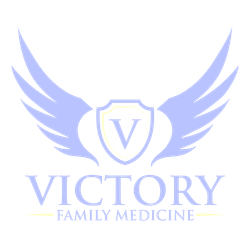 A logo for victory family medicine with a shield and wings