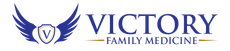 A logo for victory family medicine with a shield and wings.