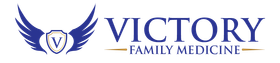 A logo for victory family medicine with a shield and wings.