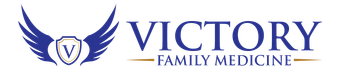 A logo for victory family medicine with a shield and wings.