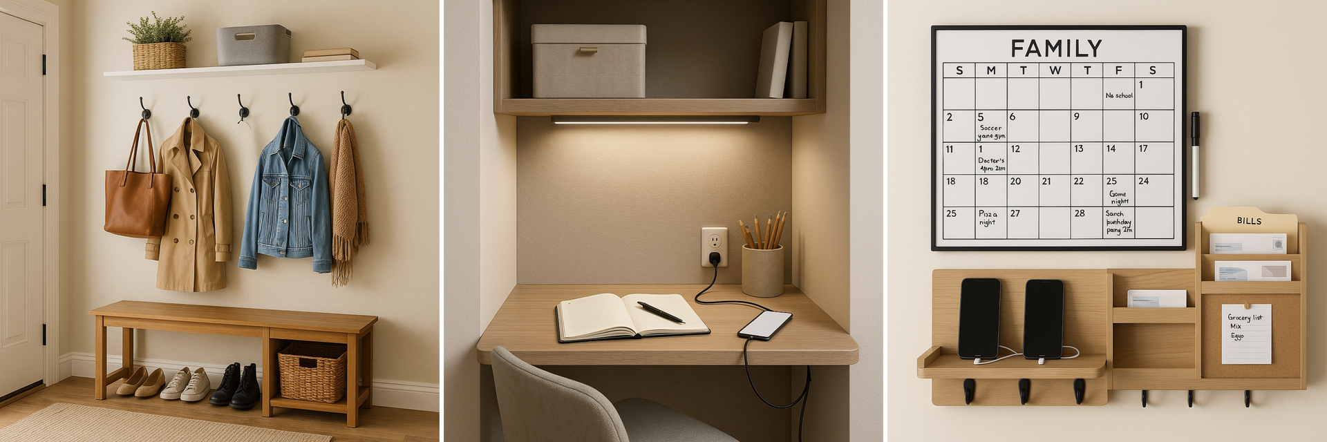 Efficient Home Design with clever storage solutions, compact home office desk, and organized entryway with multi-functional furniture.