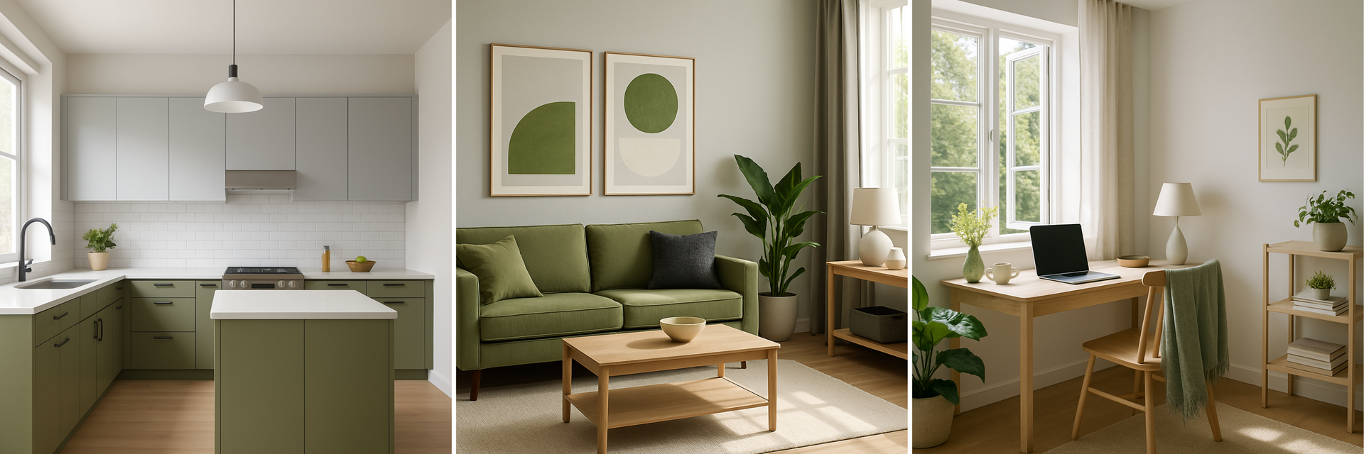 Late summer home design with green kitchen, modern living room, and bright home office for an August home refresh.