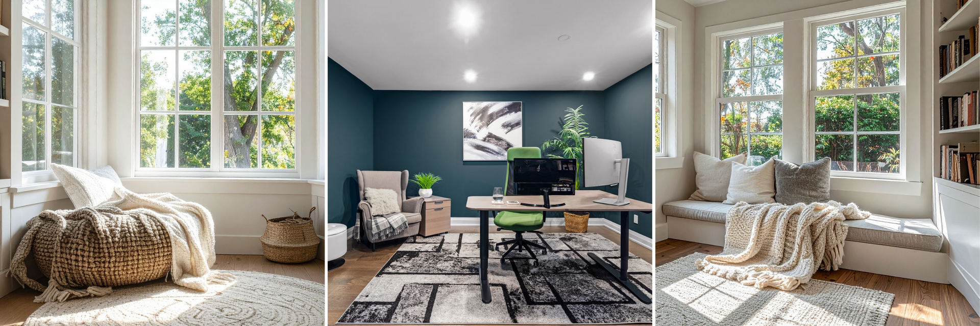 Late summer home design with cozy reading nook, modern home office, and window seat for an August home refresh.