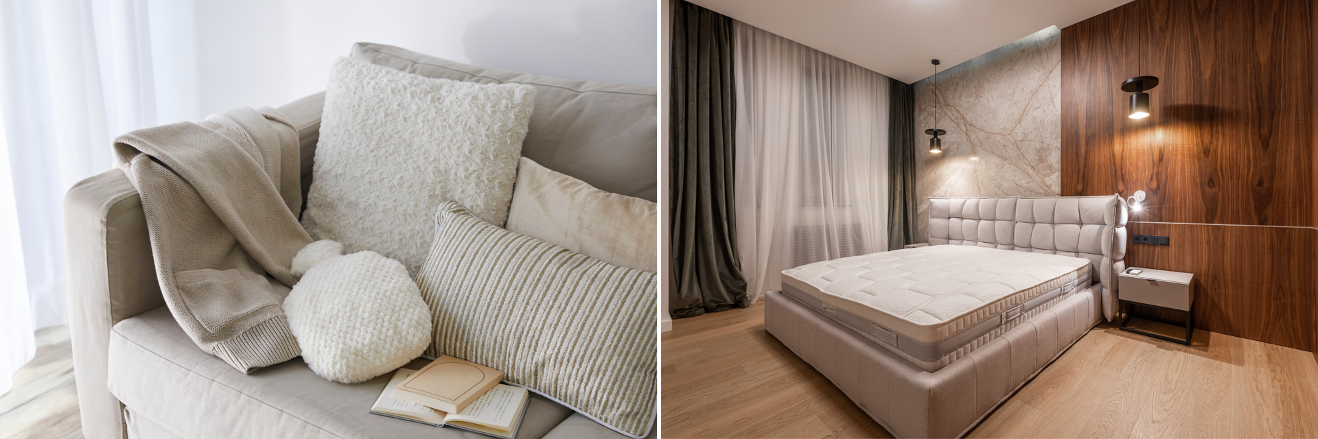 Late summer home design with cozy beige sofa nook and modern bedroom for an August home refresh.