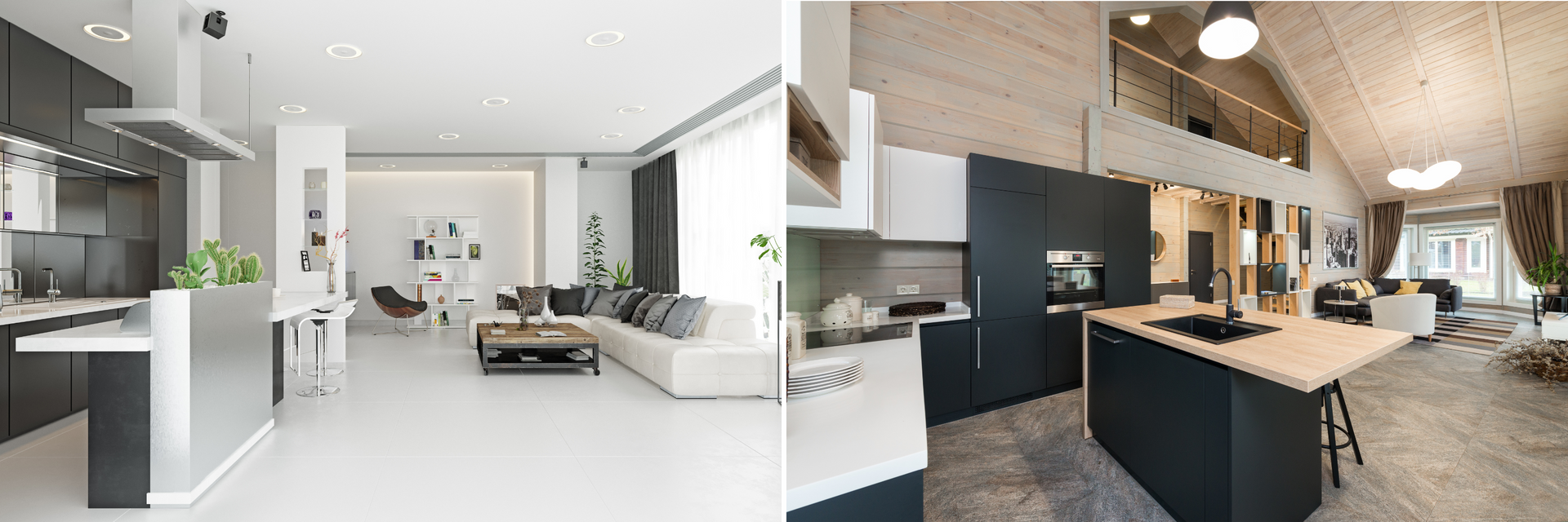 Late summer home design with modern open-plan kitchens and living areas for an August home refresh.