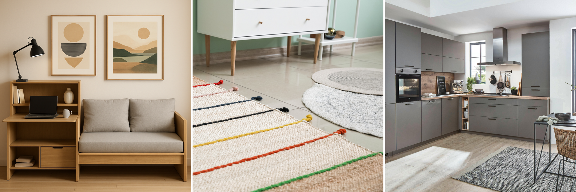 Late summer home design with small workspace, colorful rug detail, and modern grey kitchen for an August home refresh.