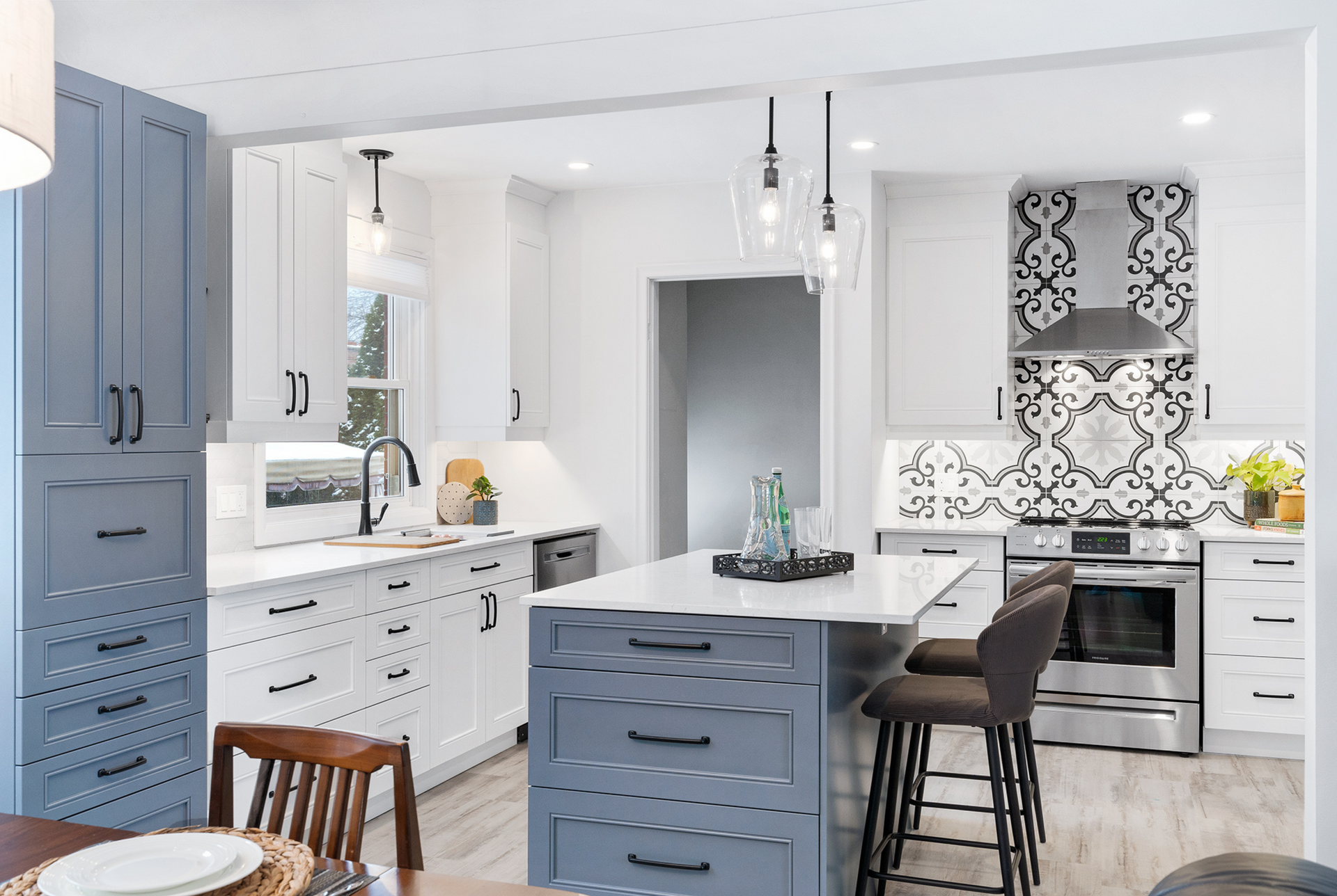 kitchen island with seating and cabinets
