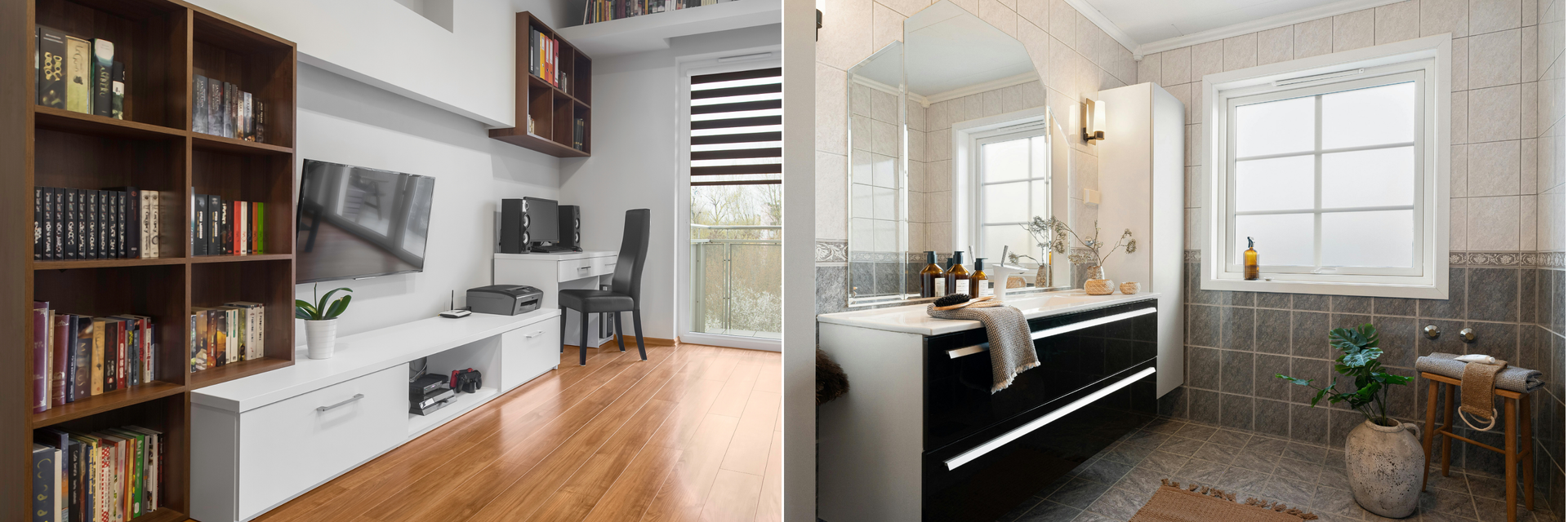 Side-by-side images showing a modern home office with bookshelves, desk, and TV, and a tiled bathroom with black vanity and decor.