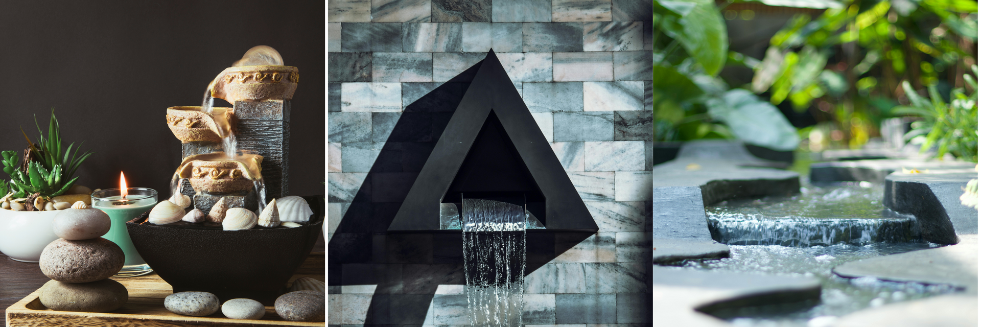 tabletop fountains, wall-mounted water features, biophilic design elements