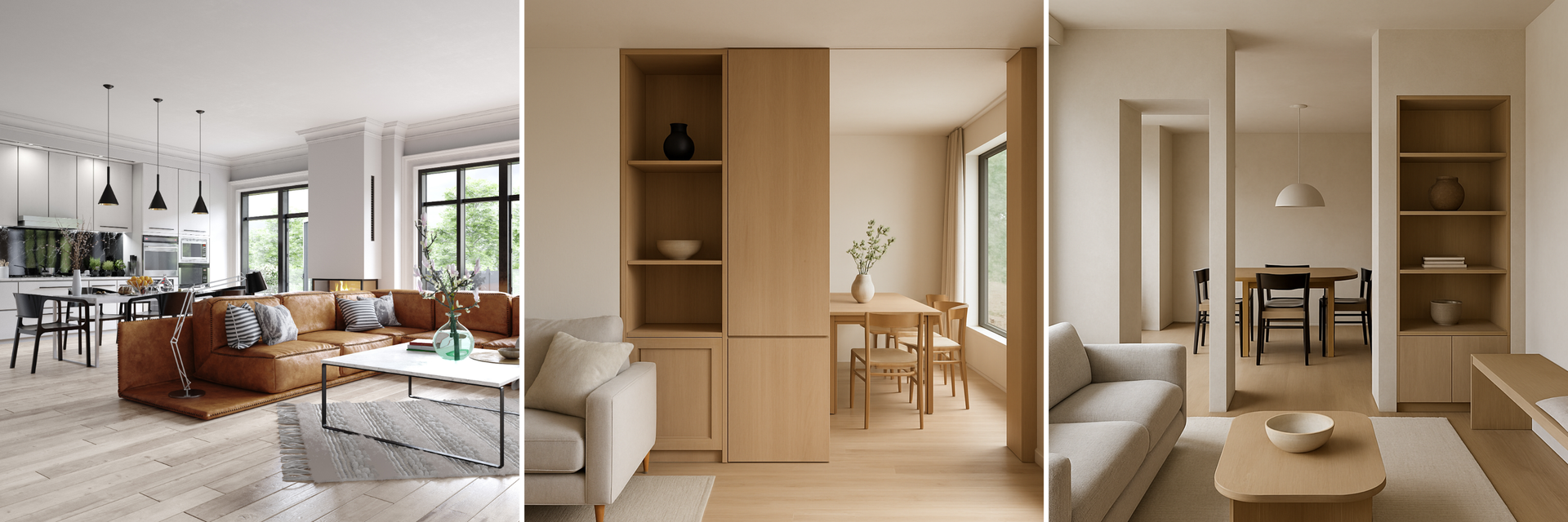 Modern interiors with open-plan kitchen, leather sofa, light wood dining area, and neutral living room with built-in shelves.