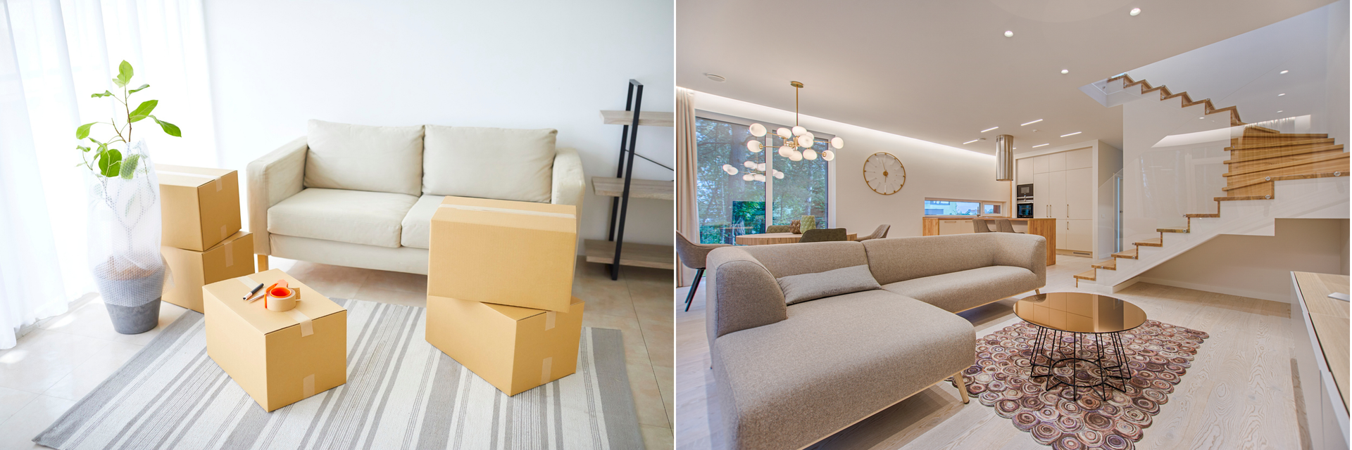 Left: beige sofa with moving boxes in bright room. Right: modern open-plan living room with gray sofa and glass staircase.