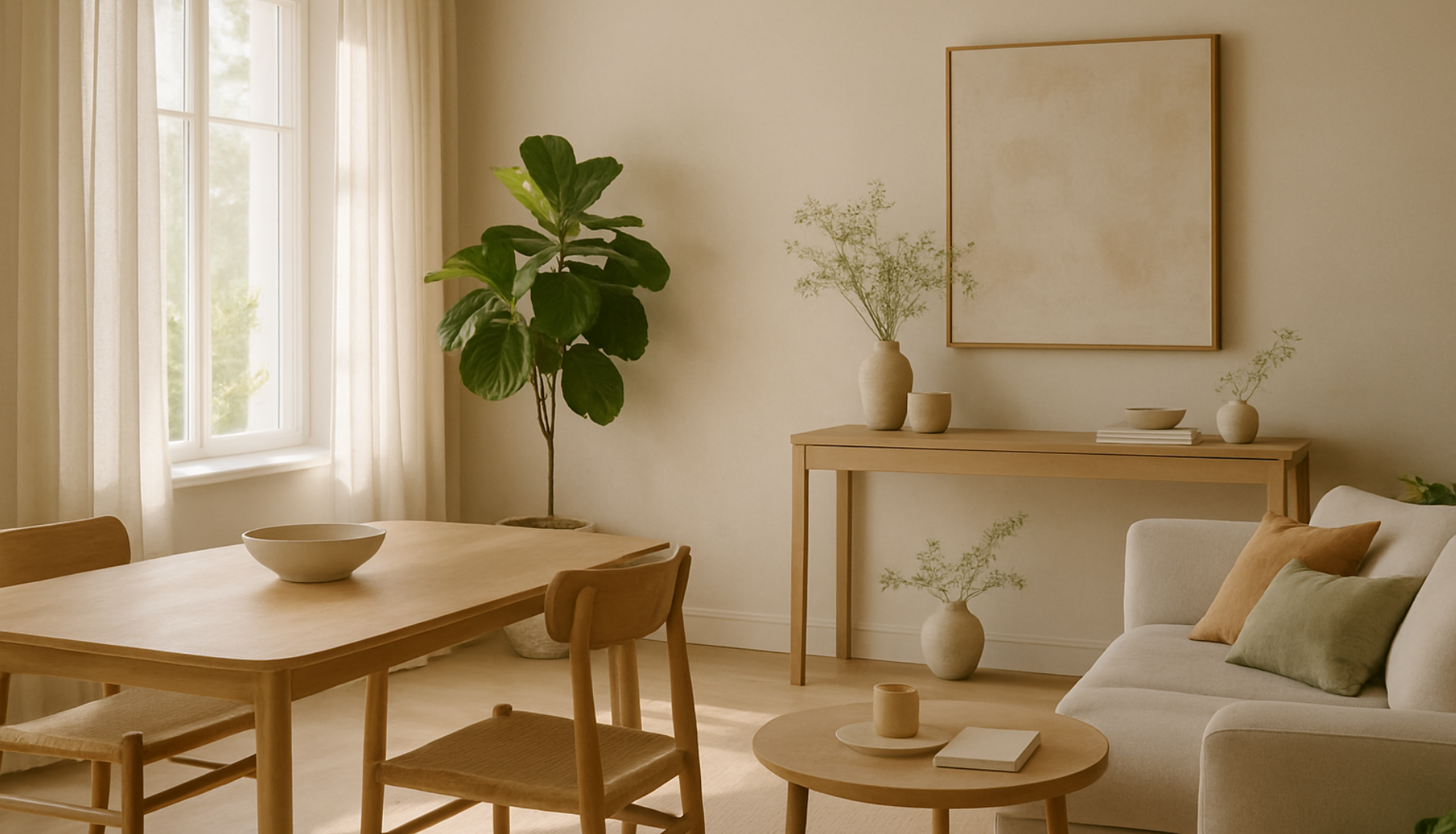 Minimalist living room and dining space with light wood furniture, neutral tones, indoor plants, and soft natural light.