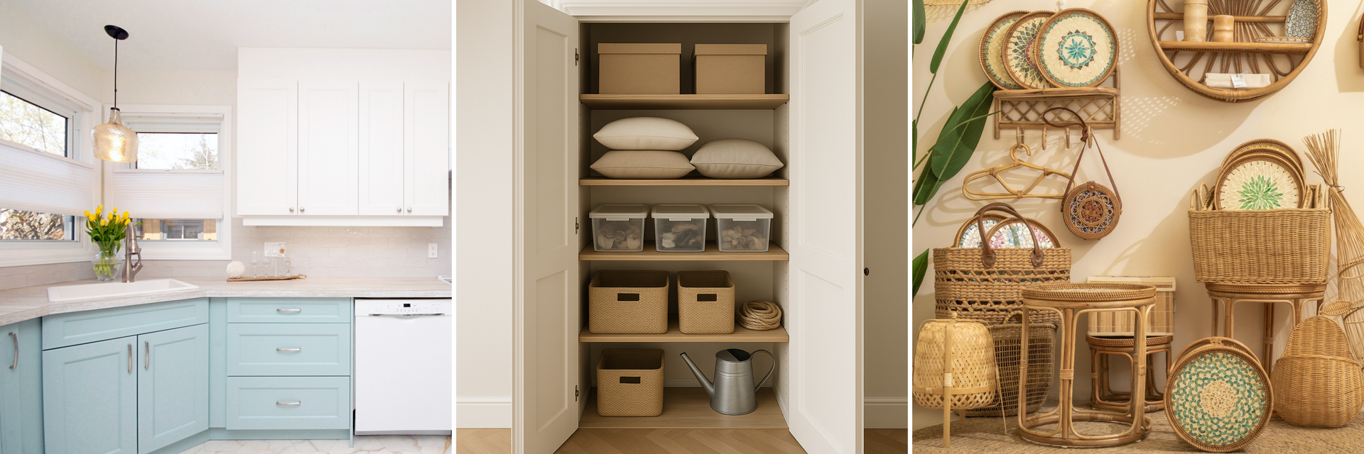 Efficient Home Design featuring pastel kitchen cabinetry, clever storage solutions with organized shelves, and natural multi-functional furniture decor.
