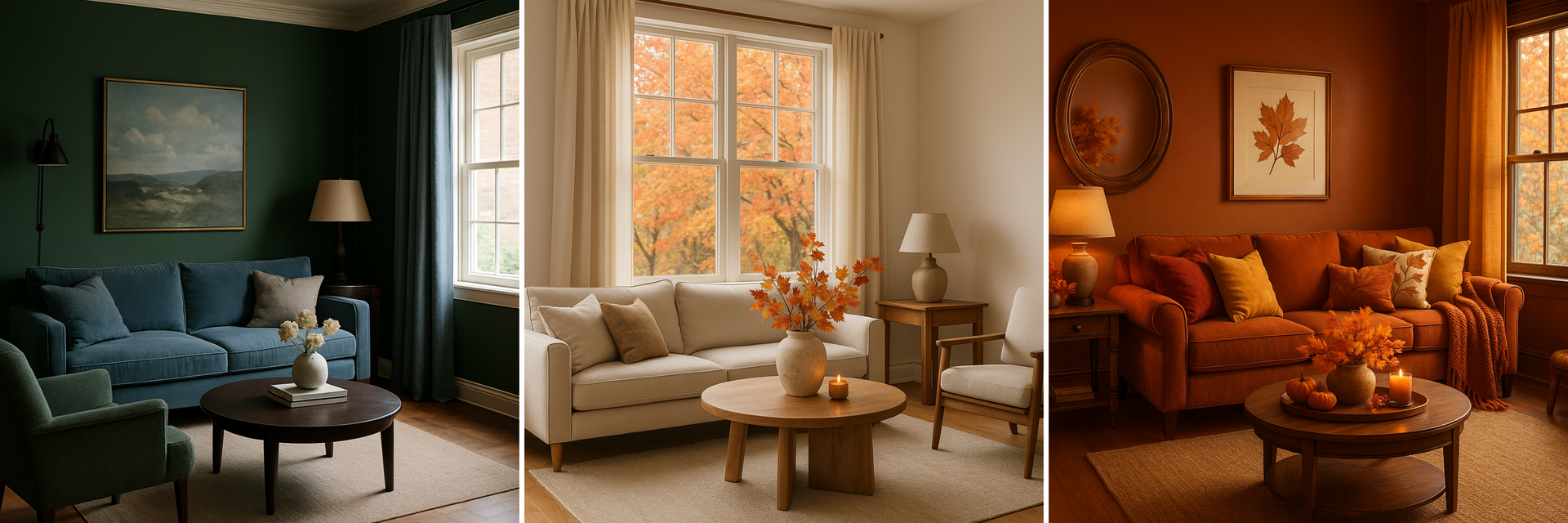 Fall-inspired living room designs with warm tones, autumn leaves, and cozy décor