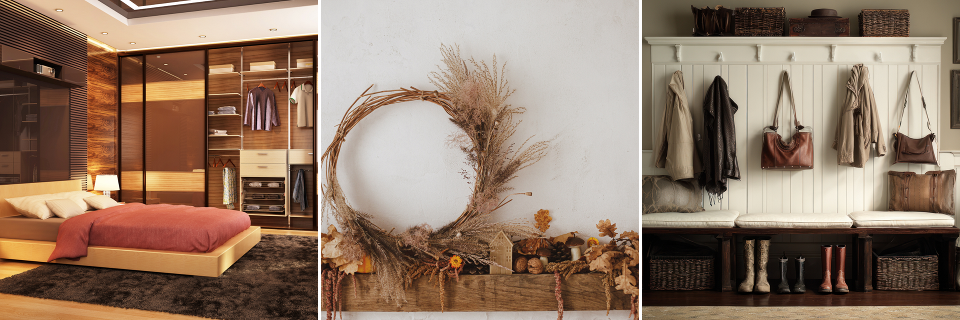 Autumn-inspired home décor with cozy bedroom, dried wreath wall art, and seasonal entryway styling