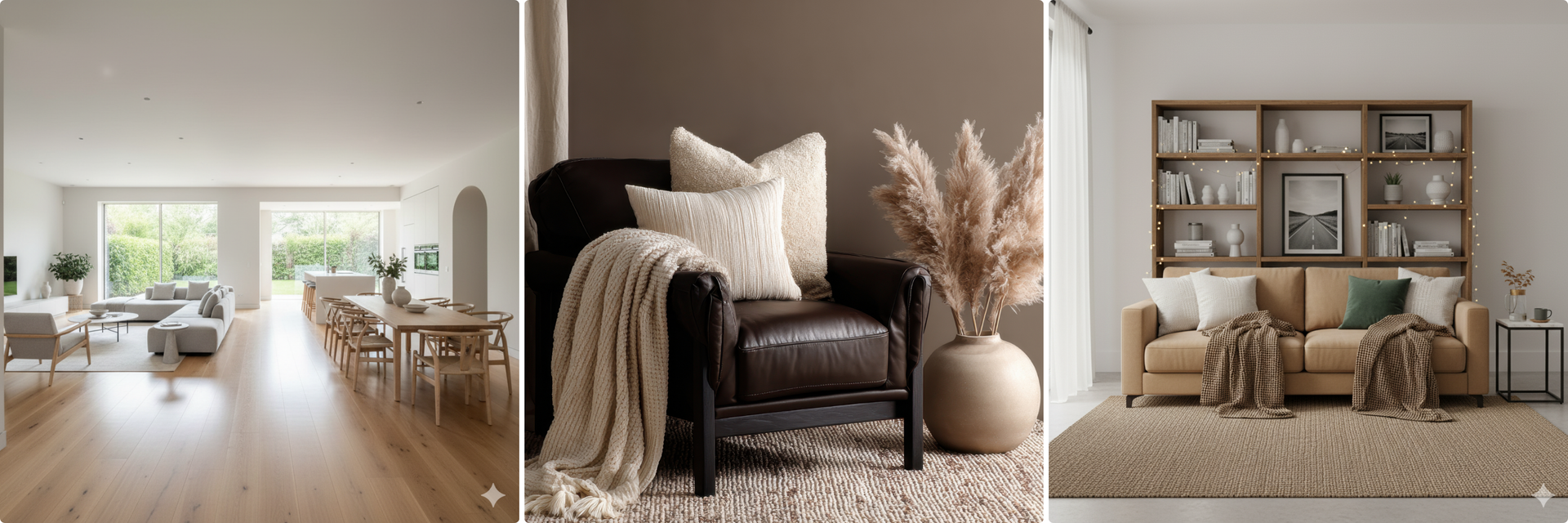 Modern neutral home décor with cozy seating, warm tones, and minimalist design
