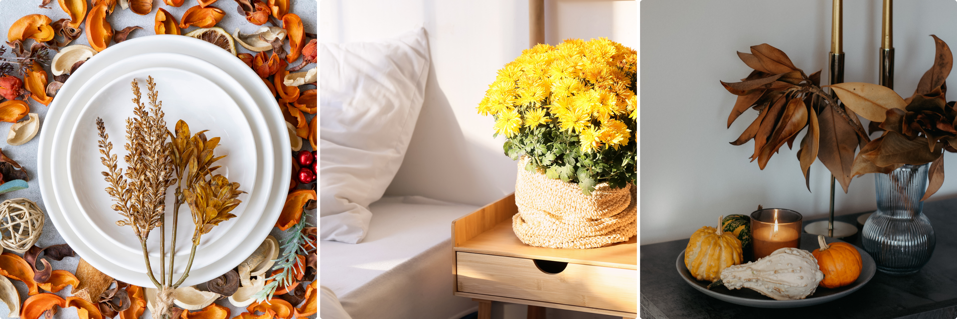 Cozy fall home décor with dried leaves, yellow chrysanthemums, and rustic table accents