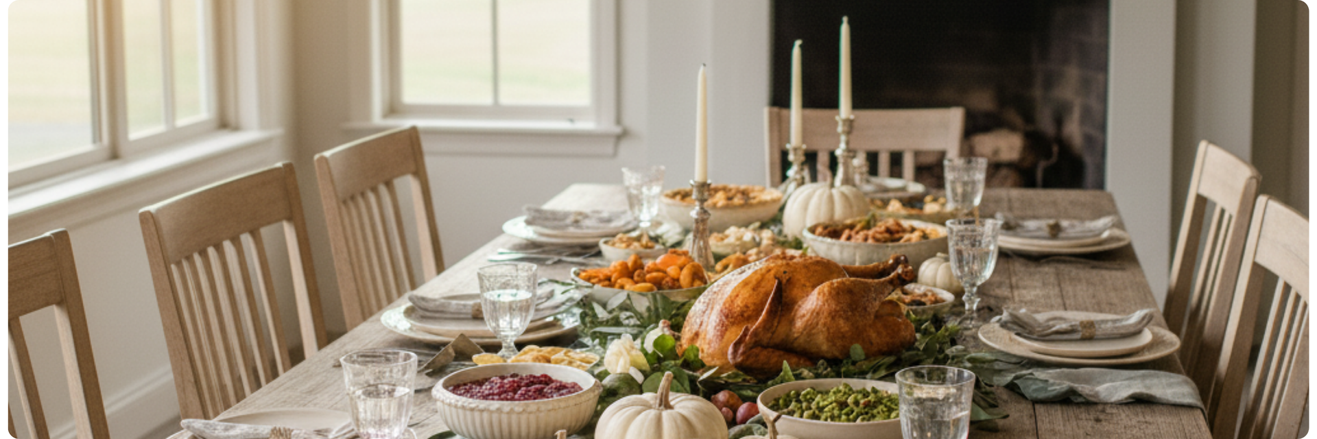 Thanksgiving dinner table with roast turkey and side dishes.