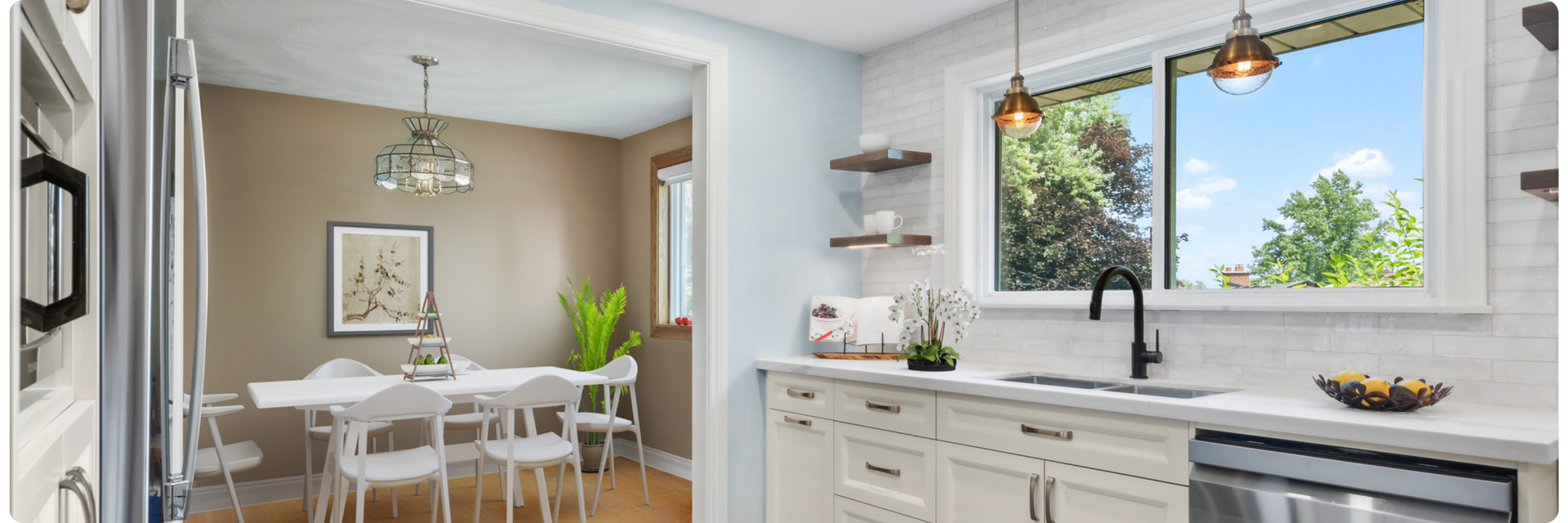 Efficient Home Design kitchen with clever storage solutions, white cabinetry, and modern multi-functional dining area.