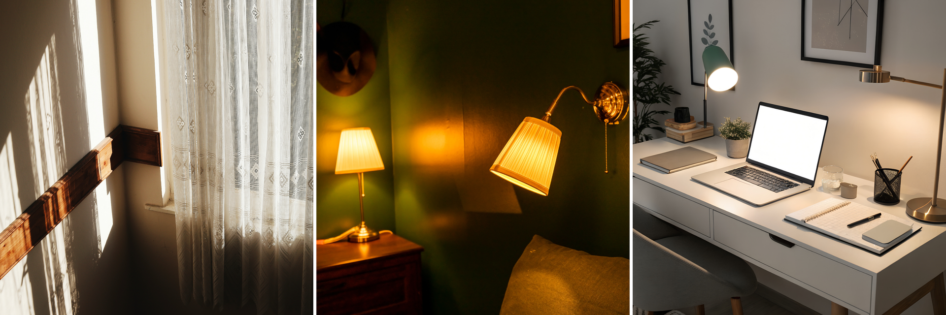 Autumn-inspired lighting with natural sunlight, warm bedside lamps, and a cozy home office desk.