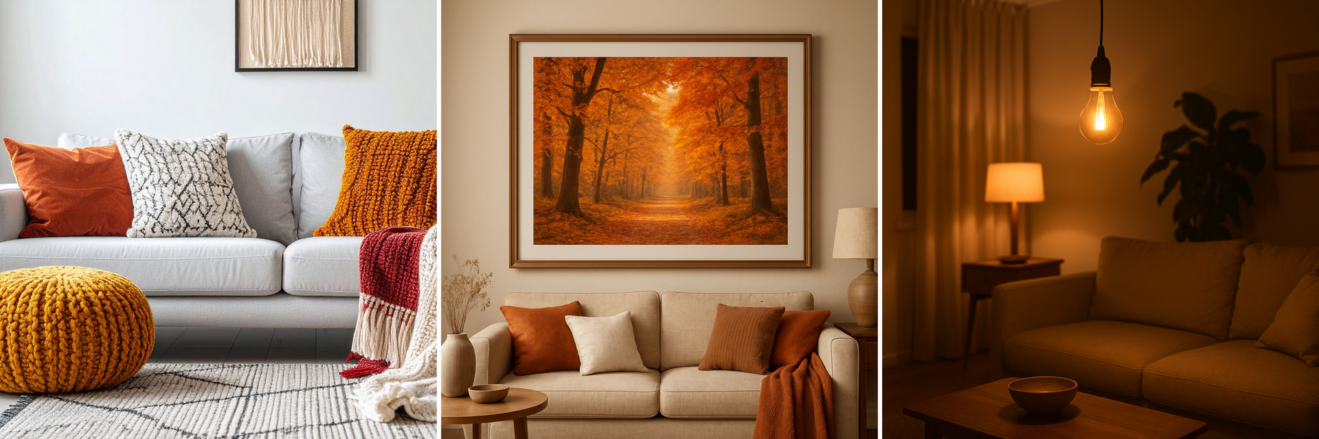 Fall-inspired living room décor with warm textiles, autumn wall art, and glowing ambient lighting.