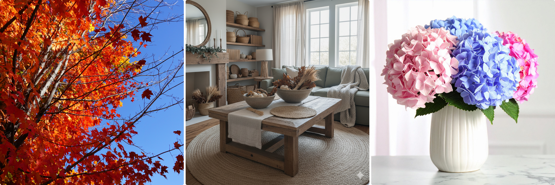 Fall home décor inspiration with autumn leaves, cozy living room, and pink and blue hydrangeas