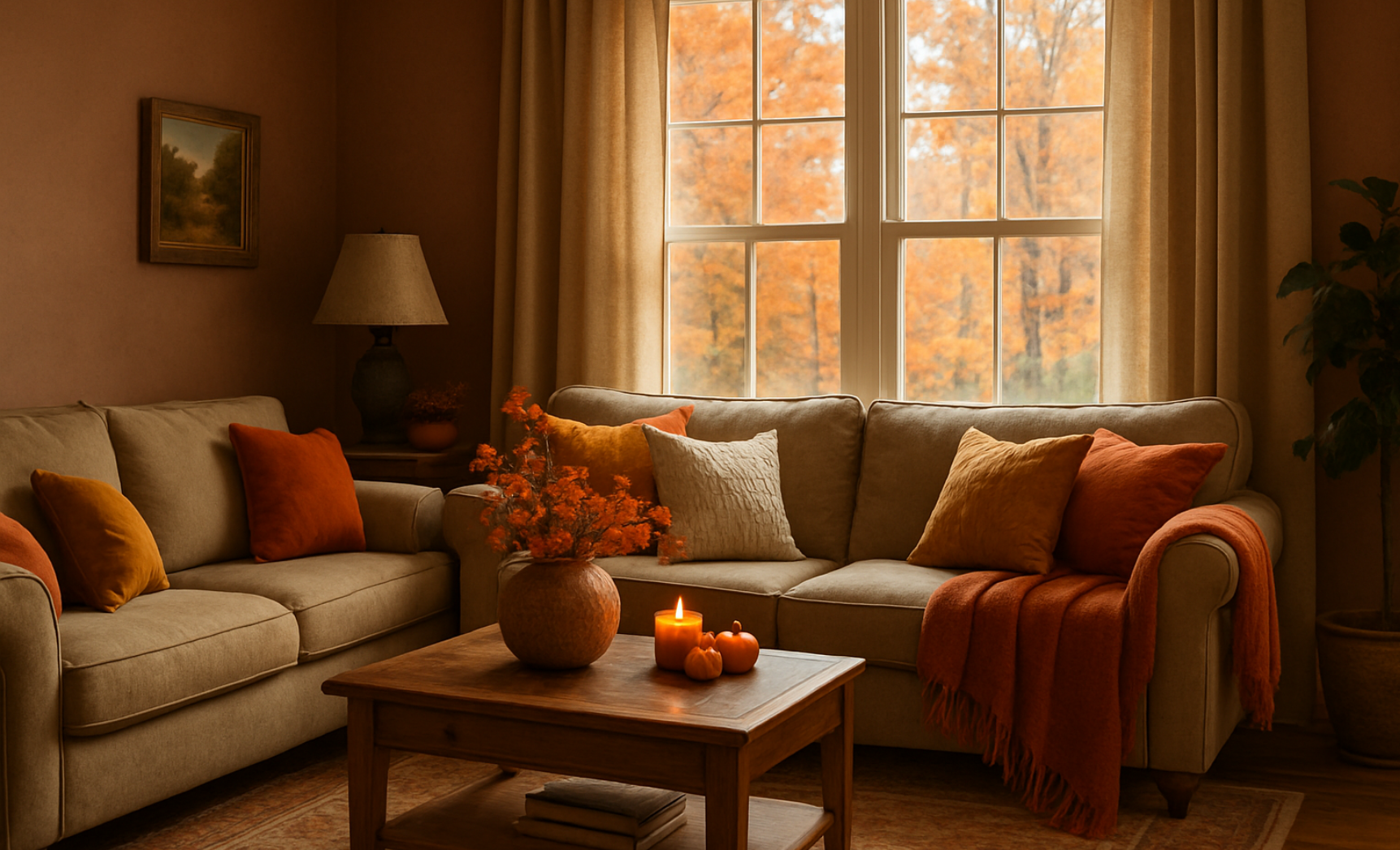 Cozy autumn living room with warm throw blankets, seasonal pillows, and glowing candlelight.