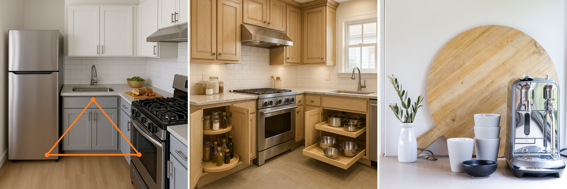 fficient Home Design kitchen with clever storage solutions, pull-out shelves, and smart home coffee station.