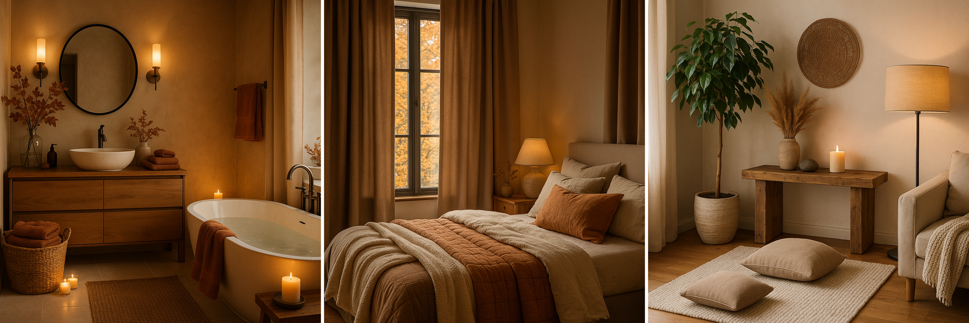Cozy autumn home décor with warm candlelight, earthy tones, and seasonal bedroom and bathroom styling.