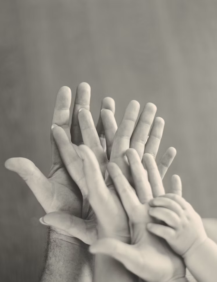 Een groep opgeheven handen van verschillende groottes die omhoog reiken tegen een effen achtergrond. Familiemediationsymbool.