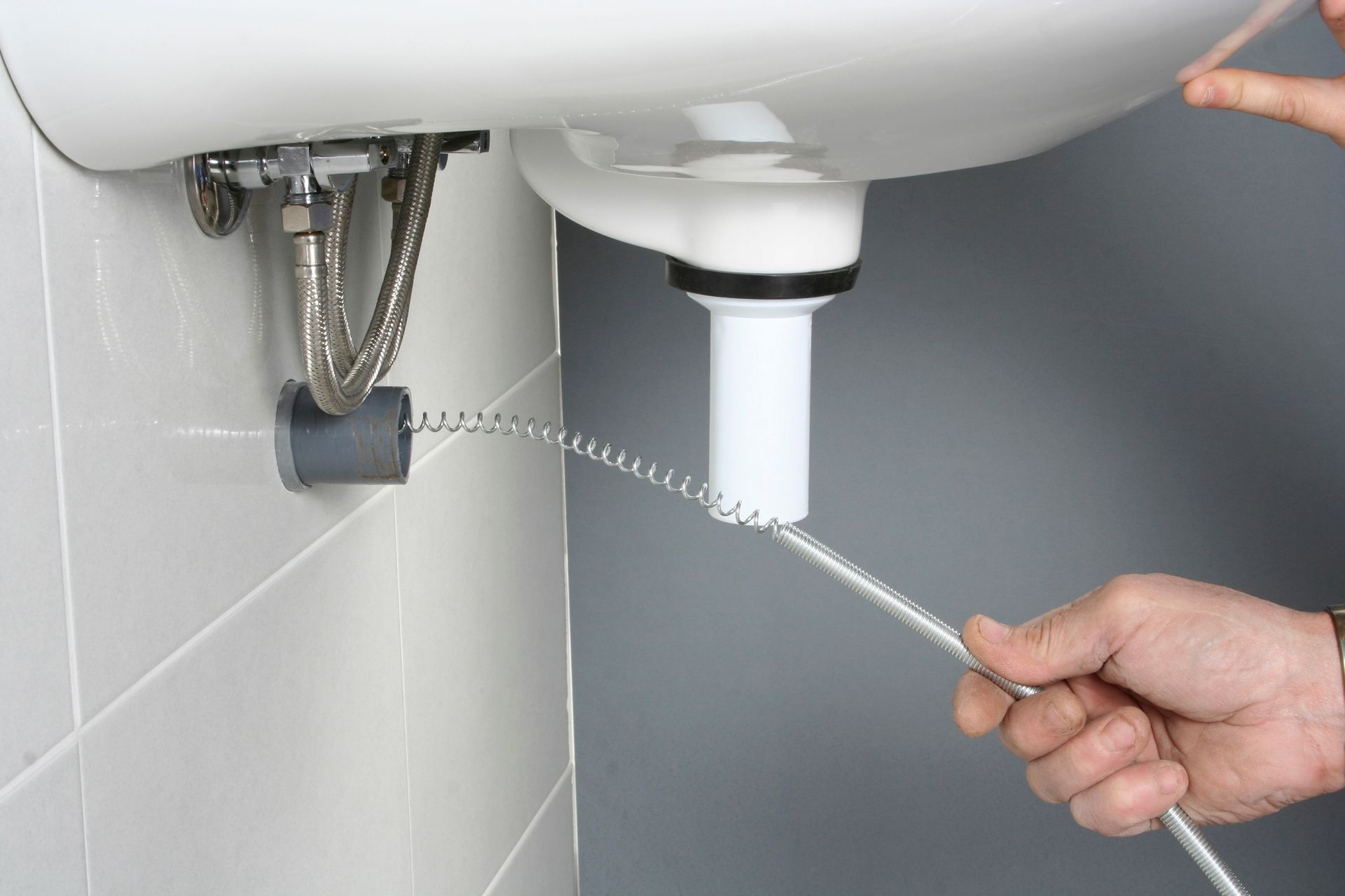 Drain snake being used to clear clogged bathroom sink pipe during professional drain cleaning in NJ